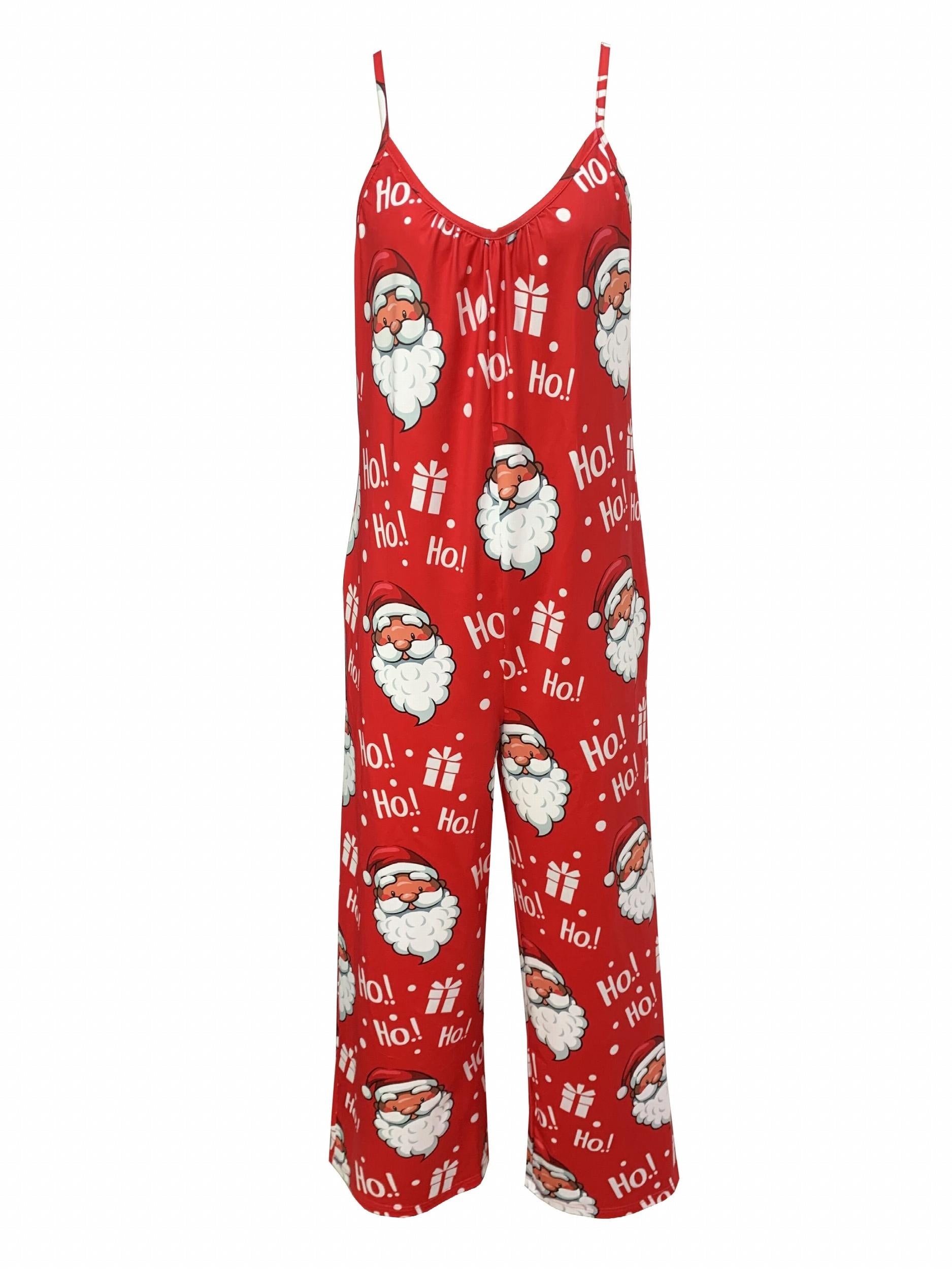 Christmas Jumpsuit Women's Plus Santa Claus Print V Neck Cami Jumpsuit