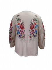 Floral Embroidered Lantern Sleeve Polo Neck Top