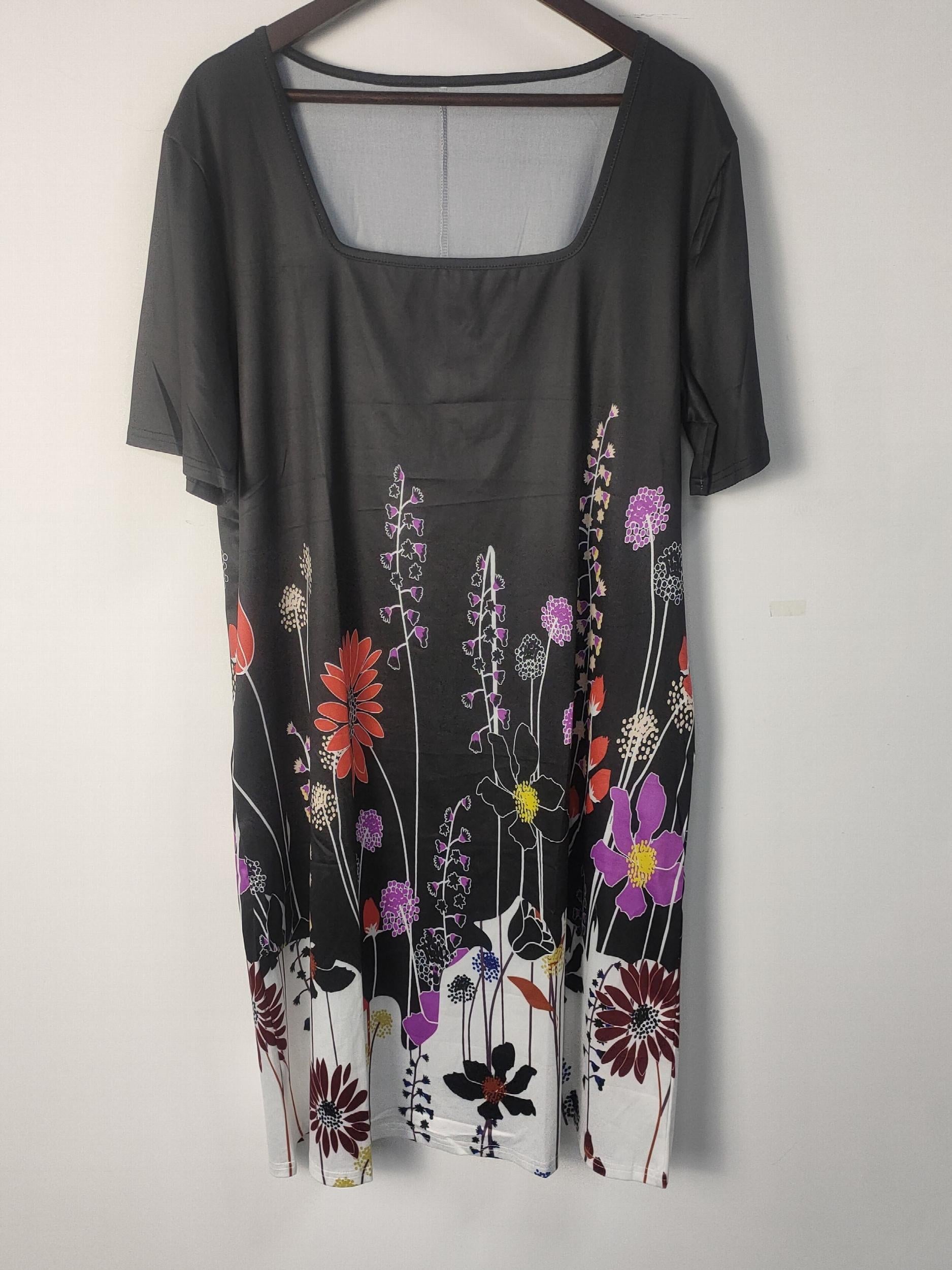 Women's Plus Floral Print Short Sleeve Square Neck Casual Dress
