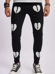 Broken Heart Pattern Slim Fit Jeans Men's Casual Street Style Denim Pants