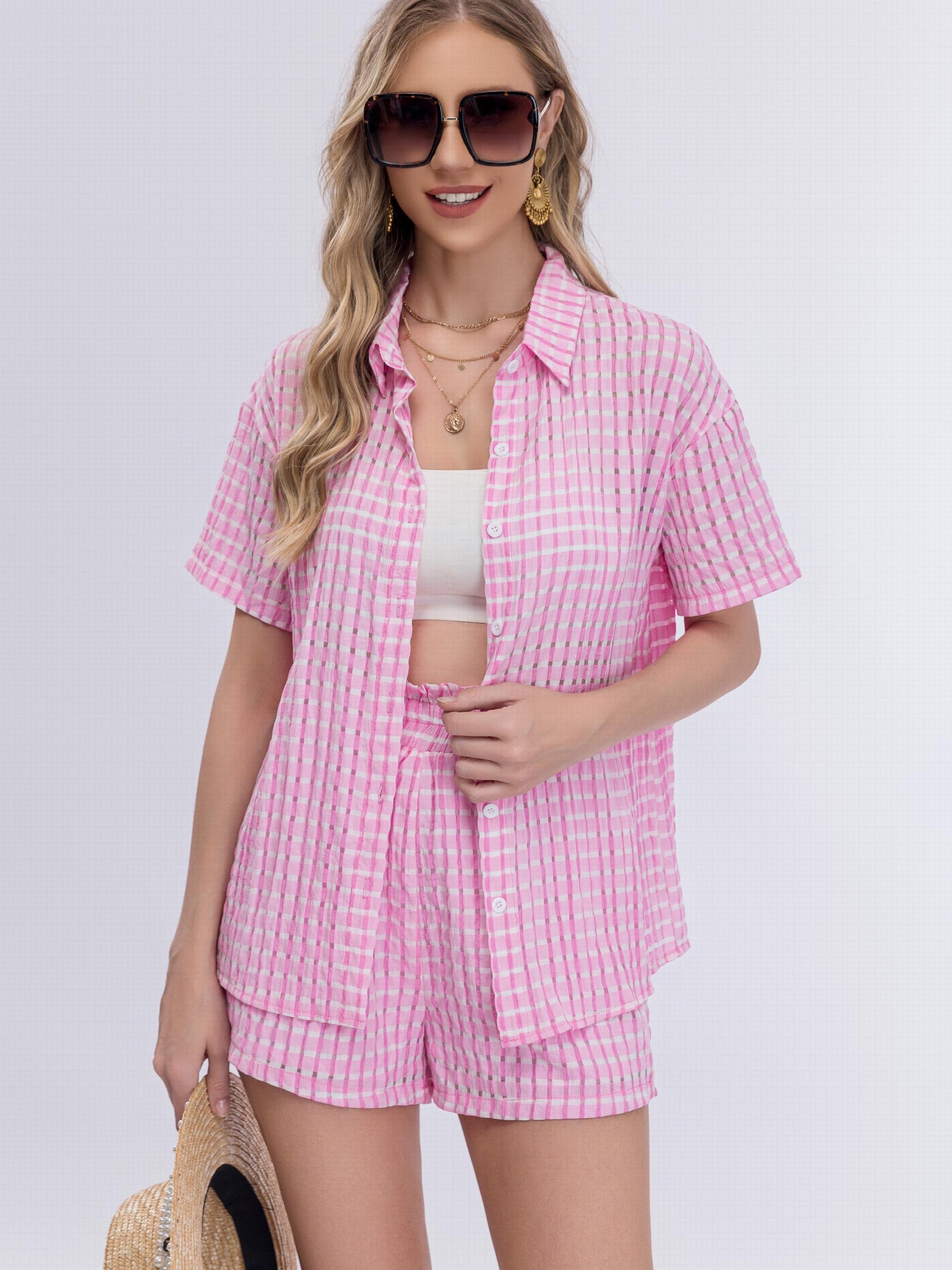 Plaid Pattern Two piece Set Polo Collar Top & Shorts