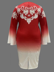 Women's Plus Ombre & Floral Print Bell Sleeve Round Neck Slim Fit Midi Dress