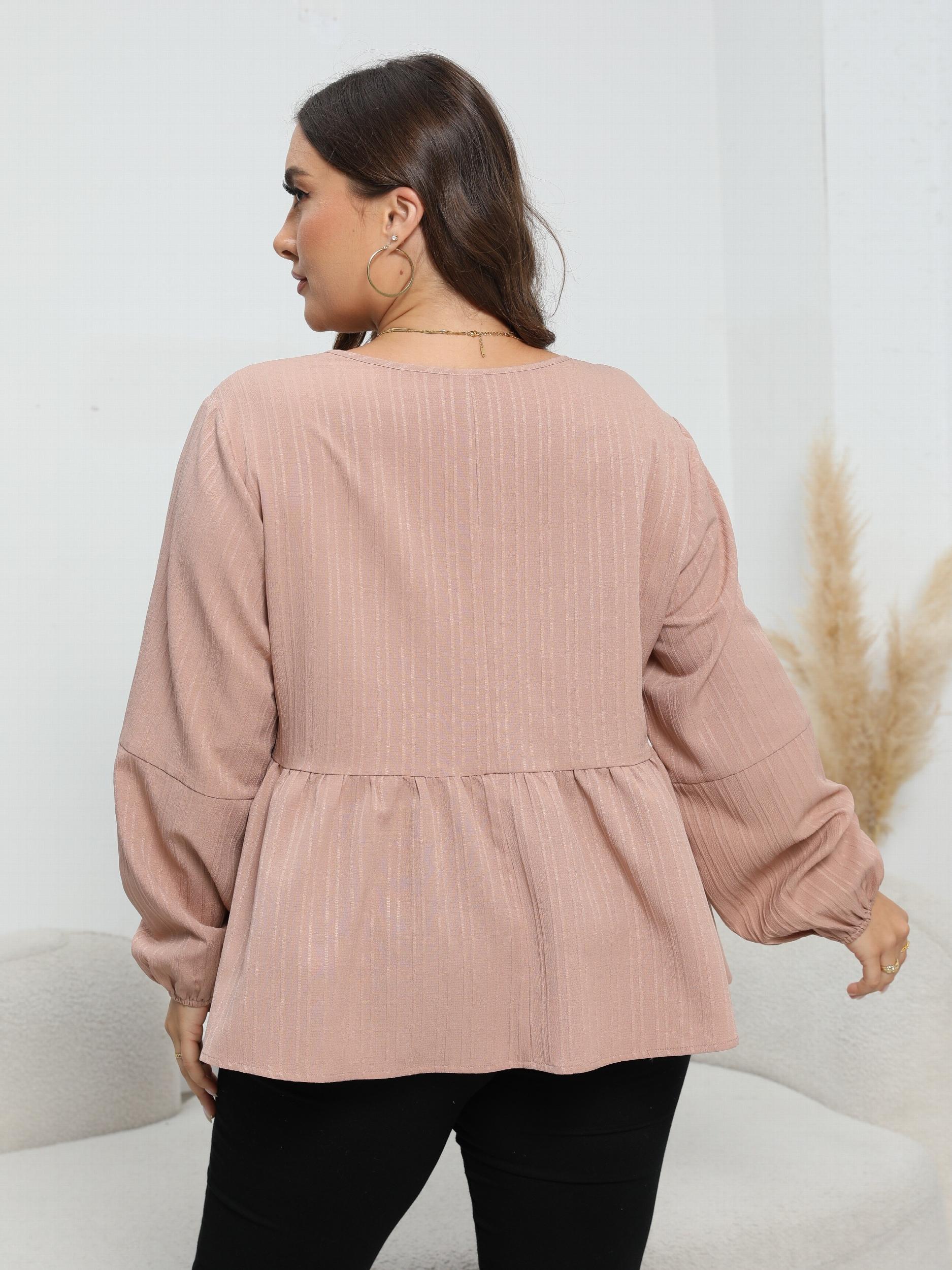 Casual Blouse Women's Plus Solid Striped Lantern Sleeve V Neck