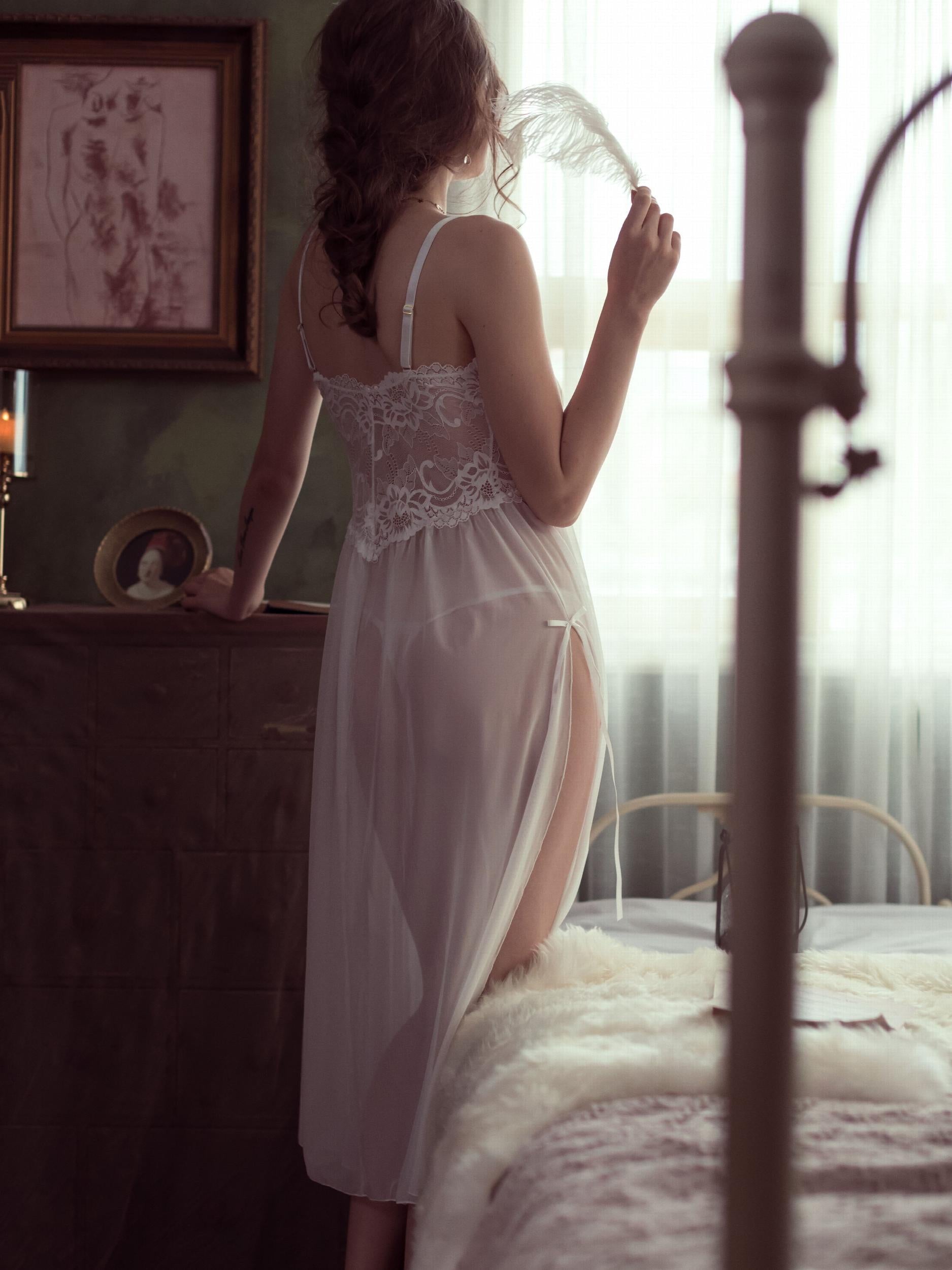 Seductive Lace Cami Long Dress Set with Matching Panty
