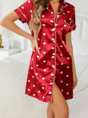 Heart Print Satin Nightdress Short Sleeve Sleep Dress