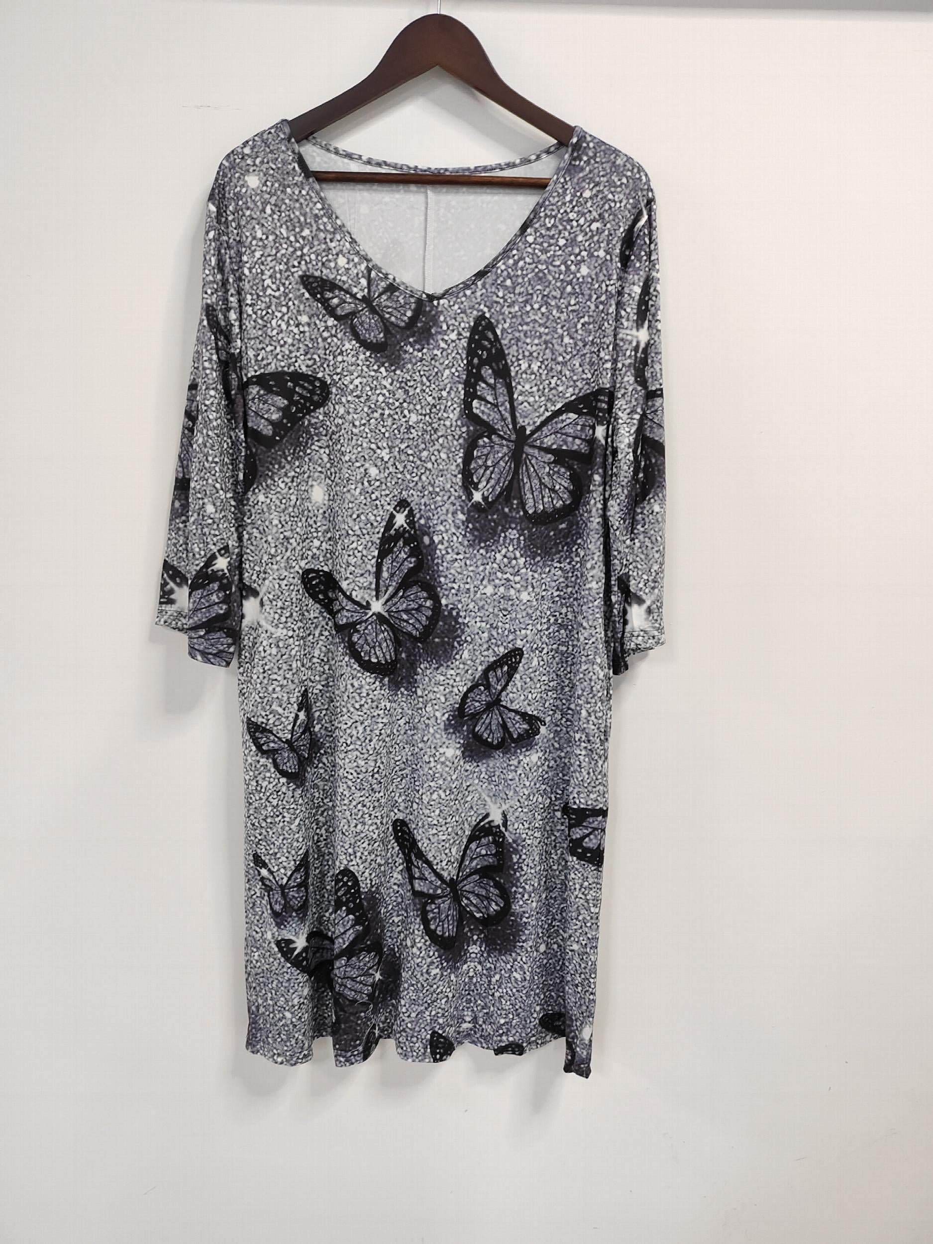 Butterfly Print Half Sleeve V Neck Dress