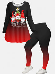 Women's Plus Ombre & Gnomes Print Peplum Top & Leggings Outfit Set