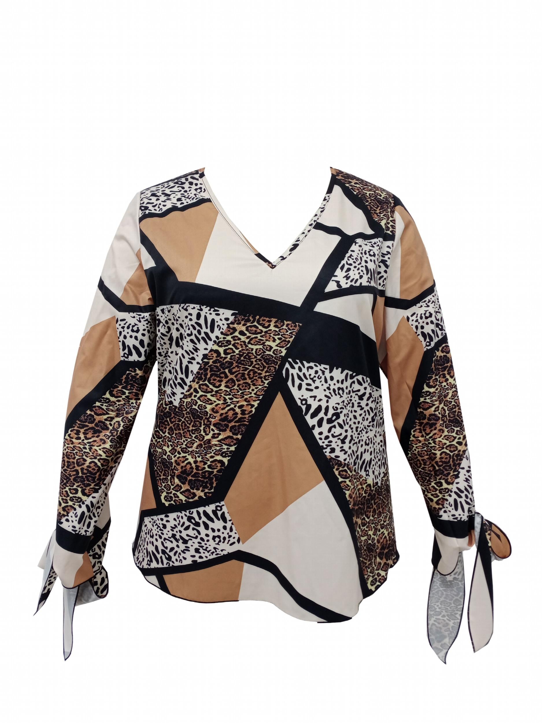 Women's Leopard Print Tie Long Sleeve V Neck Top