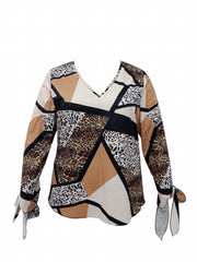 Women's Leopard Print Tie Long Sleeve V Neck Top
