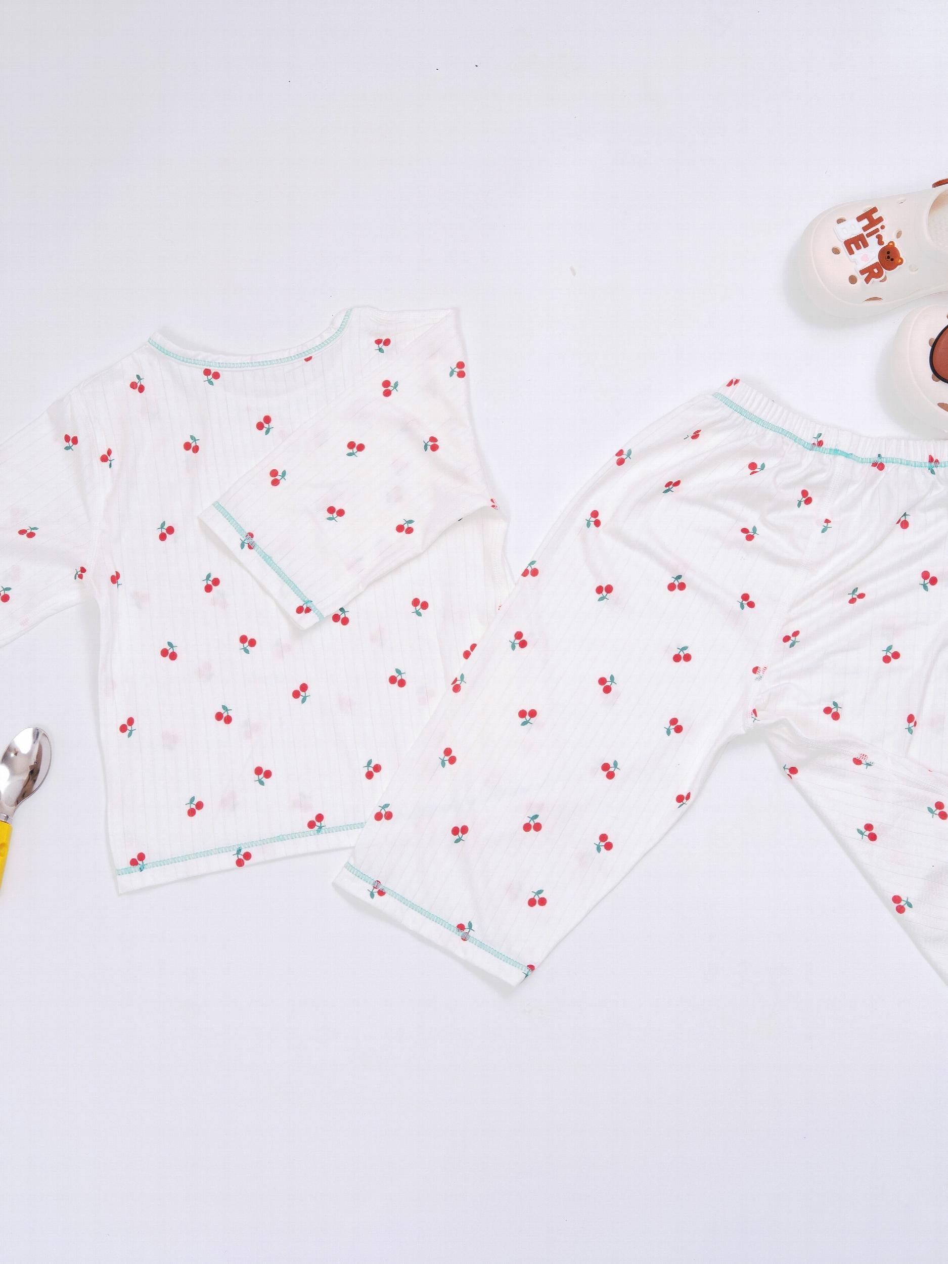 Girls 2pcs Cherry Print Pajamas Set Comfortable Casual Kids Clothes