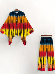 Block Vintage Two piece Set Button Front Batwing Sleeve Tops & Wide Leg Pants