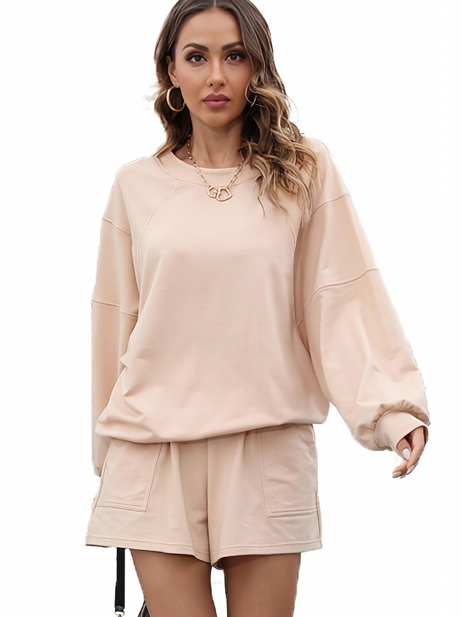 Solid Crew Neck Sweatshirt & Shorts Set for Women