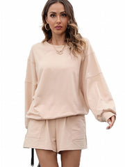 Solid Crew Neck Sweatshirt & Shorts Set for Women