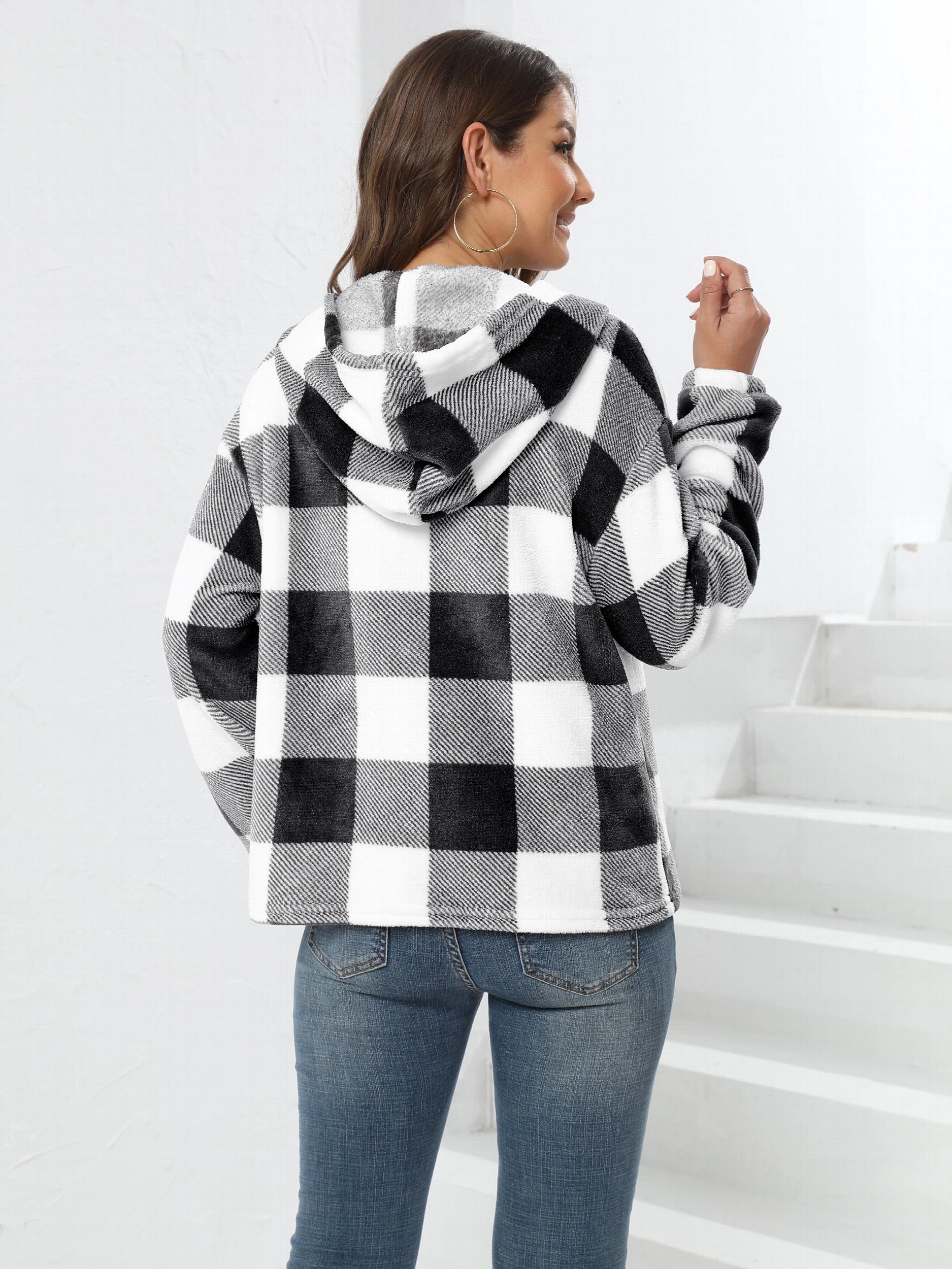 Plaid Button Front Hoodie Long Sleeve Sweatshirt