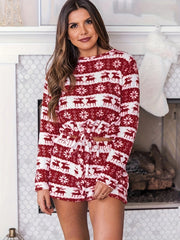 Women's Plus Elk & Snowflake Flannel Crop Top & Shorts Pajamas Set