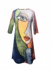 Abstract Face Print Dress Casual V Neck Half Sleeve Dress