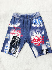 Graffiti & Denim Print High Waist Summer Casual Shorts