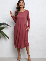 Solid Crew Neck Long Sleeve Midi Dress Women's Clothing