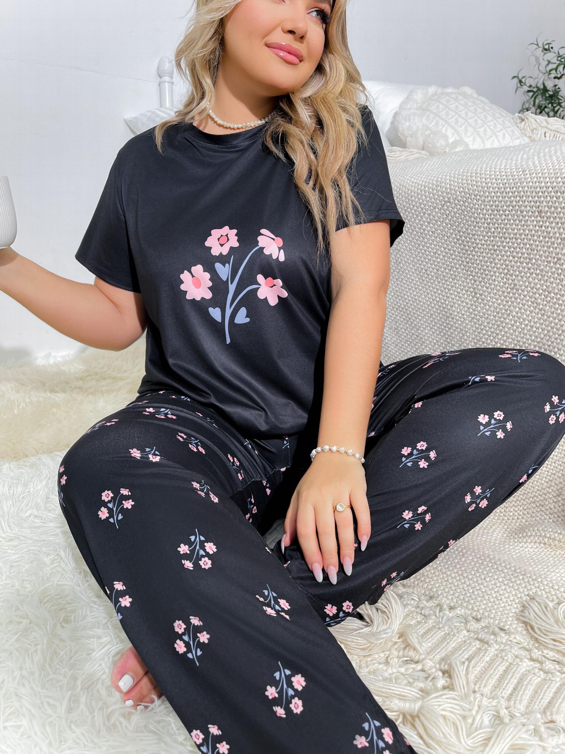 Floral Print Short Sleeve Top & Pants Pajamas Set