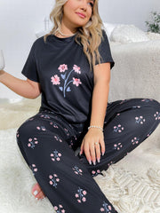 Floral Print Short Sleeve Top & Pants Pajamas Set