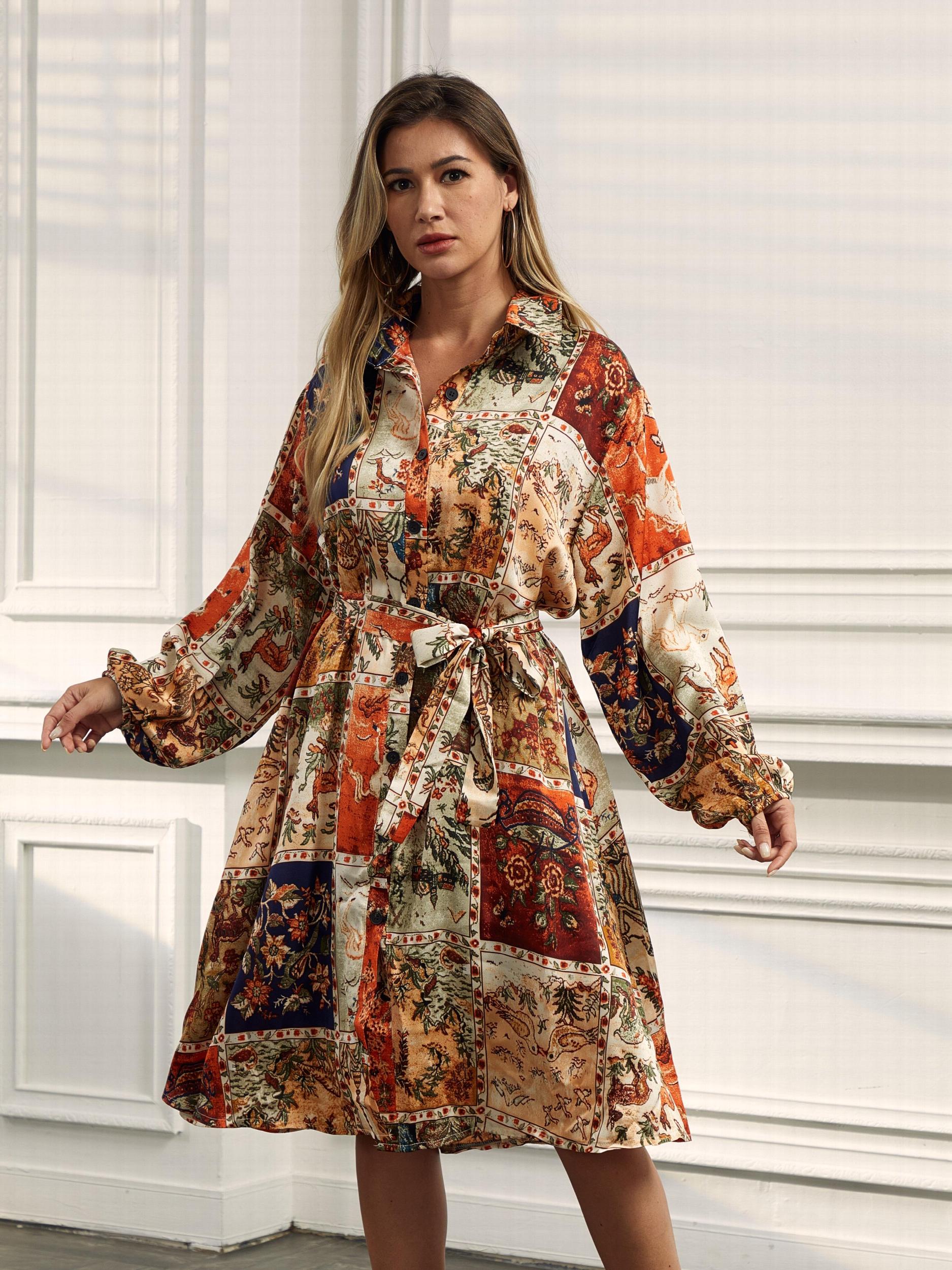 Colorblock Painting Print Shirt Dress With Belt