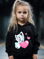 Girls 2pcs Cat & Heart Pattern Hooded Sweatshirt & Sweatpants Set