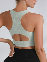 Women's Hollow Out Back Sport Bra With Pocket High Impact Running Yoga Tank Top