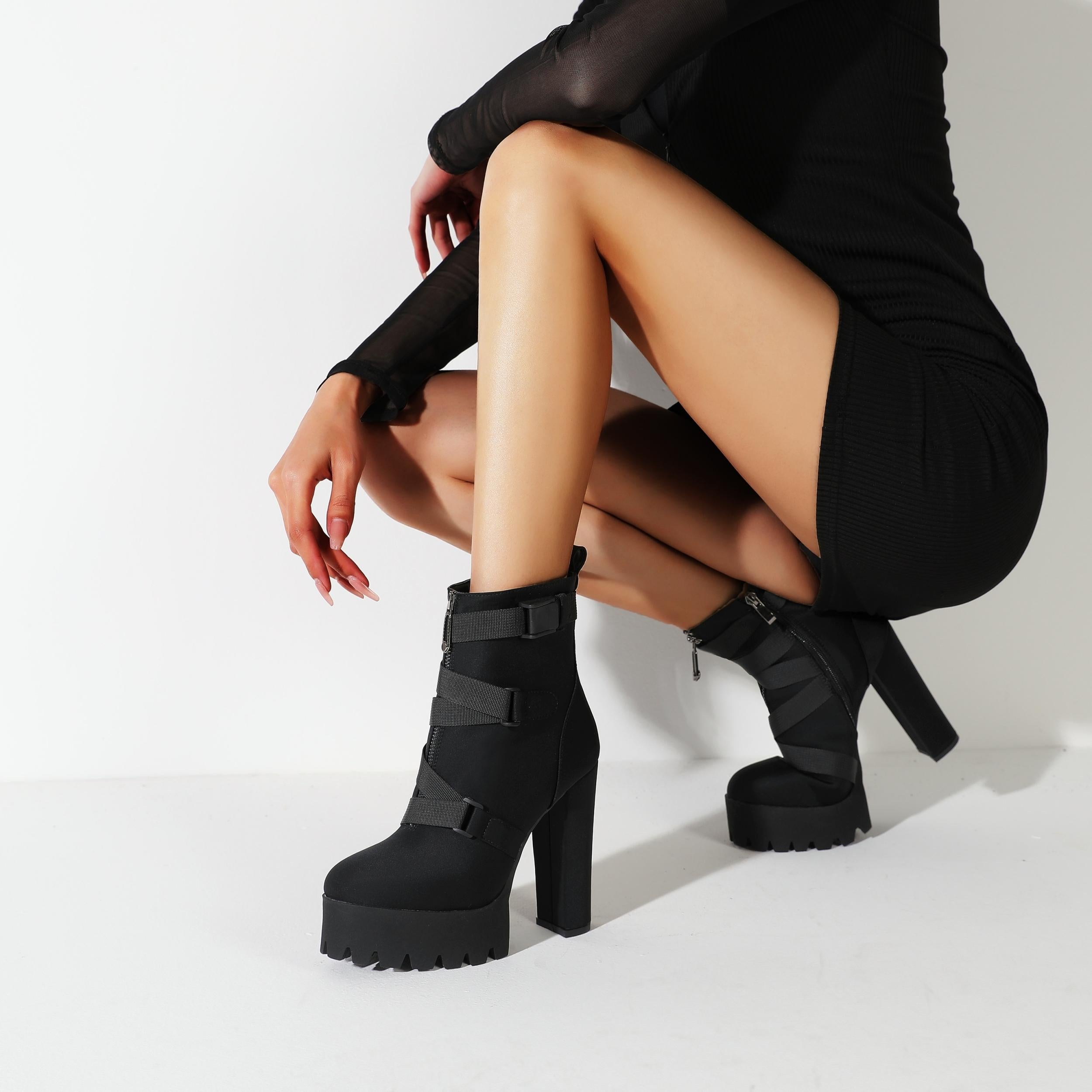 Women's Platform Chunky High Heel Boots Zipper Round Toe Buckle Belt Shoes