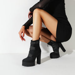 Women's Platform Chunky High Heel Boots Zipper Round Toe Buckle Belt Shoes