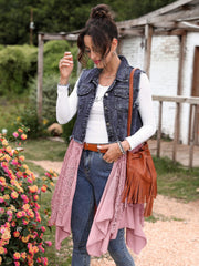 Washed Denim Vest Jacket With Lace Embroidery