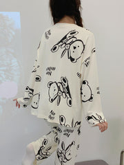 Bear Print Pajama Set Long Sleeve Top & Pants Women's Sleepwear