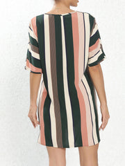 Stripe Print Batwing Sleeve Notched Neck Mini Dress