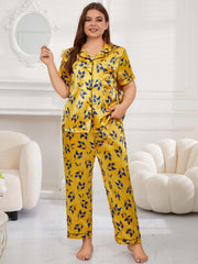 Women's Plus Leaf Print Silk Satin Pajama Set
