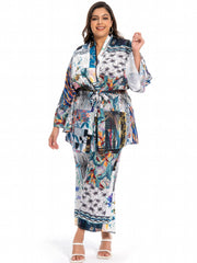 Boho Outfits Set Women's Floral Geo Wrap Kimono Top & Pants