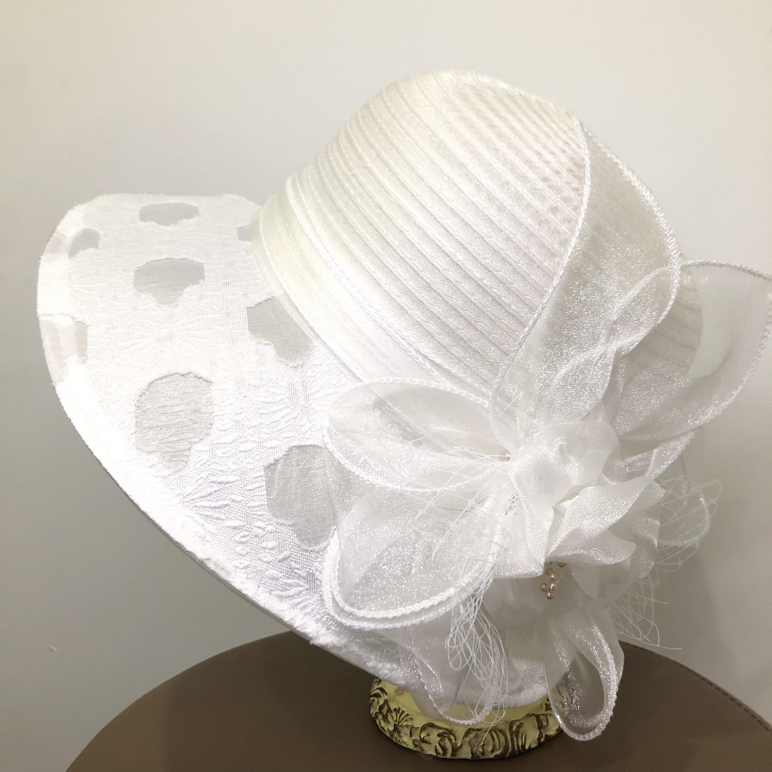 Embossed Organza Sun Hat Wide Brim Derby Hat Mesh Flower Decor