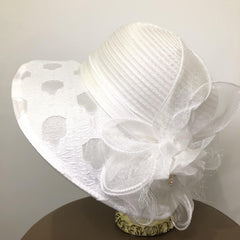 Embossed Organza Sun Hat Wide Brim Derby Hat Mesh Flower Decor