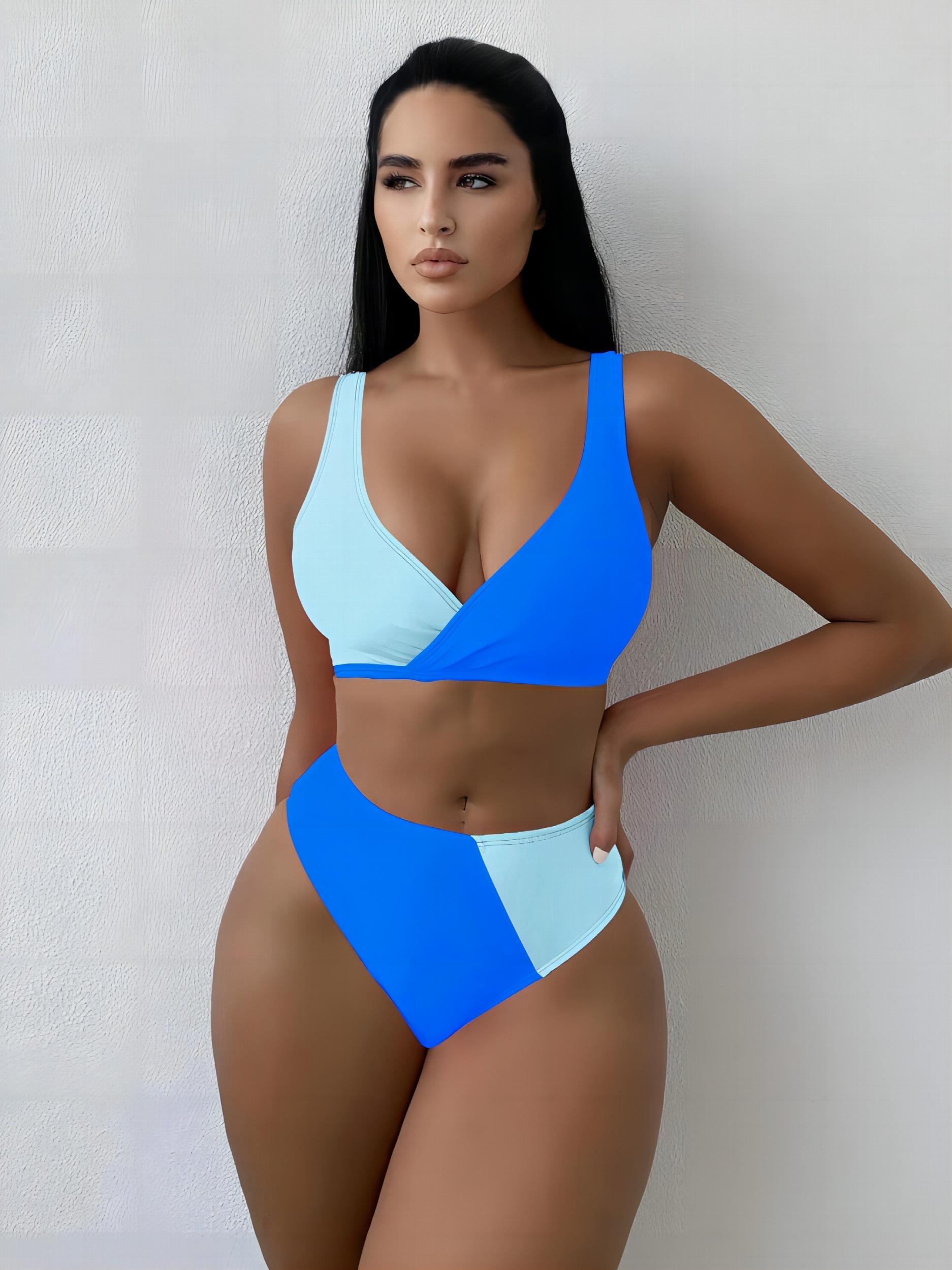 Stretchy High Cut Bikini Set V Neck 2 Piece Sexy Swimsuit