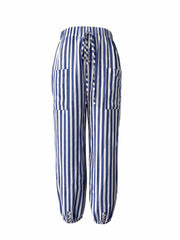 Striped Patched Pockets Drawstring Pants Casual Loose Button Decor Pants