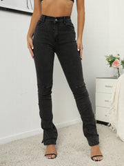Grey Ruched Flared Jeans Bell Bottom Split Wide Legs Denim Pants