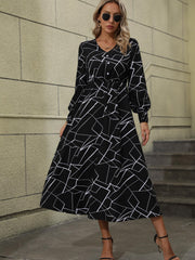 Geo Print Midi Dress V Neck Long Sleeve Dress Women's Clothing