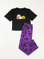 Halloween Gothic Pajama Set Women's Pumpkin & Ghost Print Tee & Pants