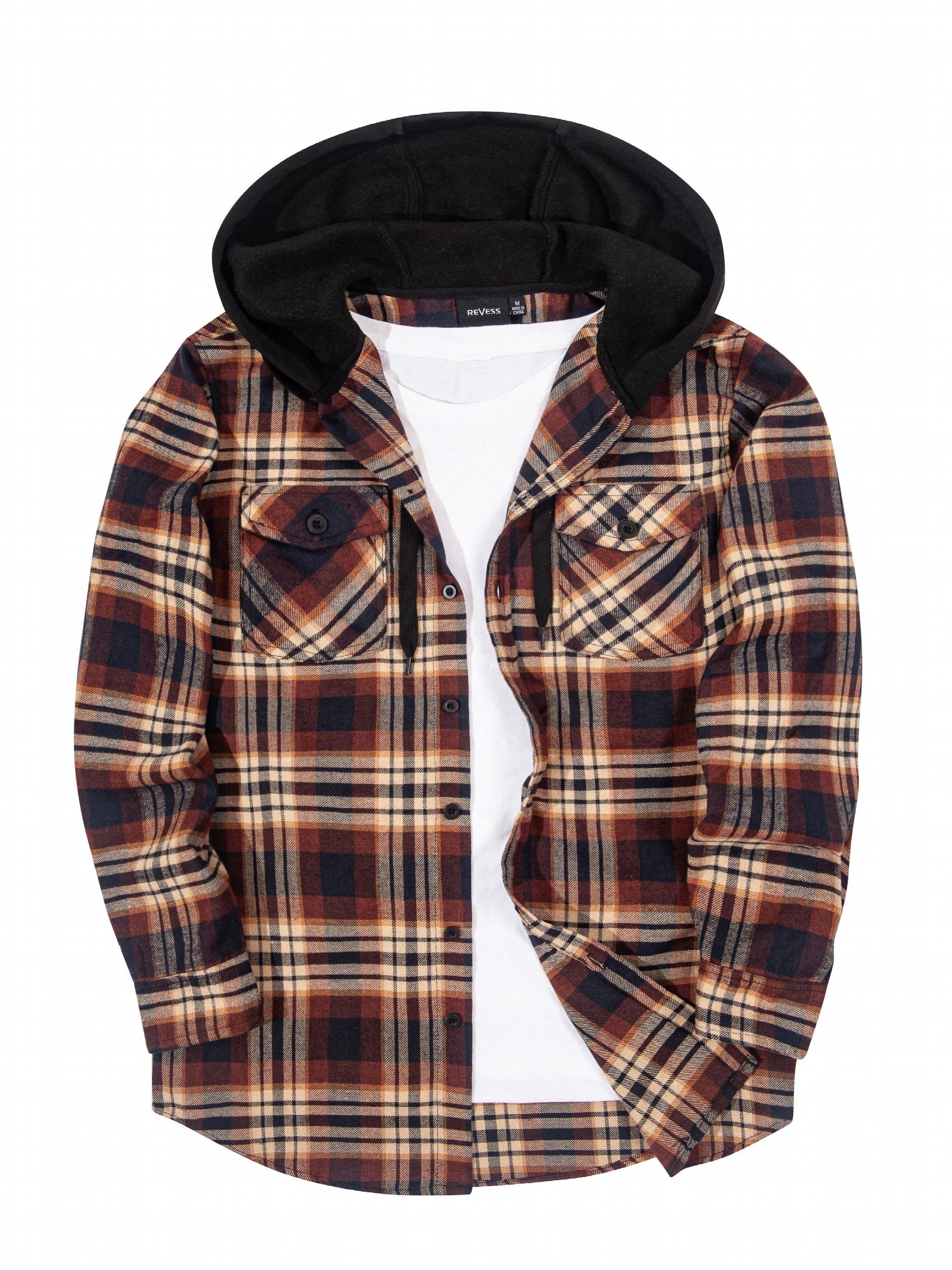 Men's Plaid Hooded Chest Pocket Long Sleeve Shirt For Spring Autumn