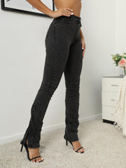 Grey Ruched Flared Jeans Bell Bottom Split Wide Legs Denim Pants