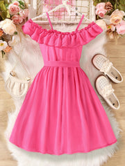 Girls' Ruffle Off Shoulder Tunic Dress With Belt Kid Girl's Casual Dresses