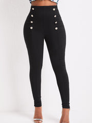 Solid Button Decor Pants High Waist Pants