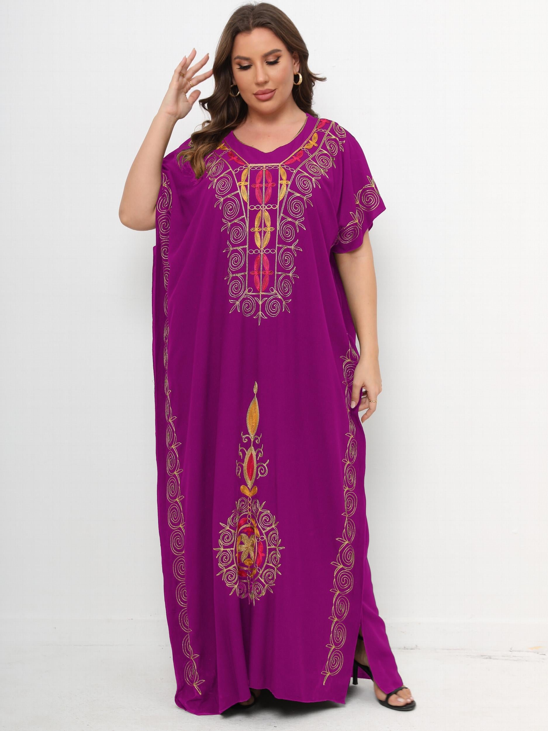 Kaftan Dress Women's Plus Floral Embroidered Batwing Sleeve V Neck