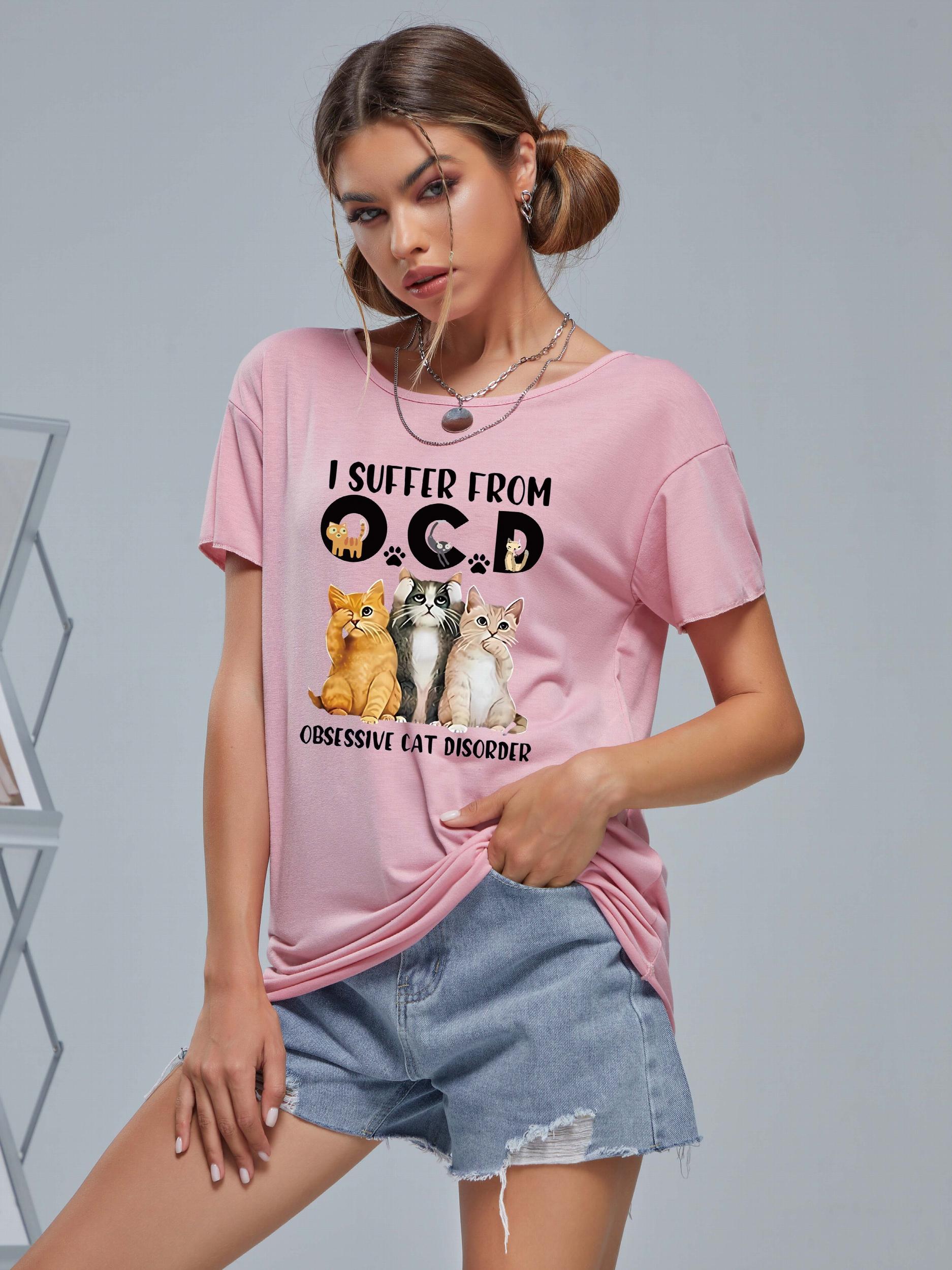 Cat Graphic Casual Tee Round Neck Summer Top Women's Shirts