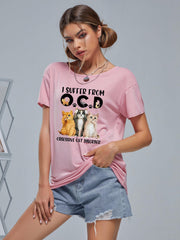 Cat Graphic Casual Tee Round Neck Summer Top Women's Shirts