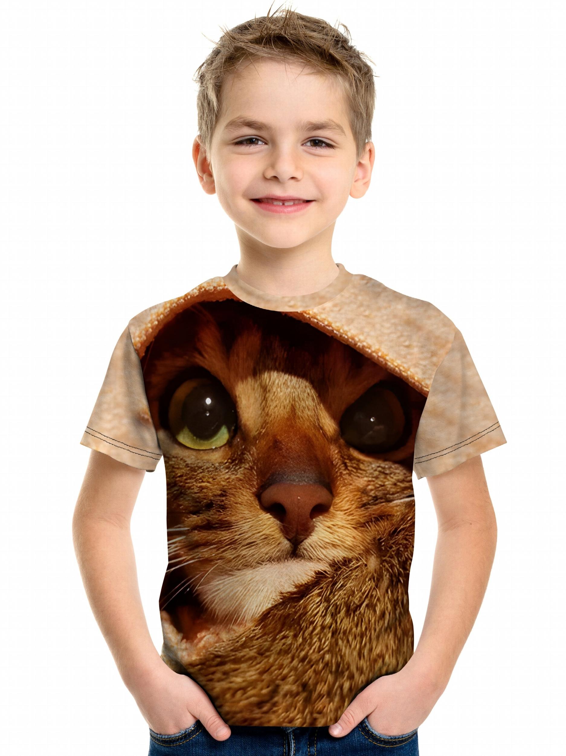 Cat 3D Print Boy's T-shirt Short Sleeve Crew Neck Kids Sports Clothing