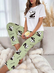 Panda Print Pajama Set Short Sleeve Crew Neck Top & Pants Women's Sleepwear